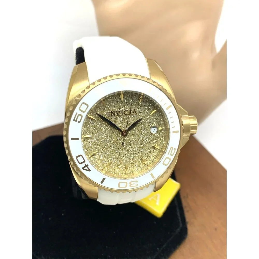 Invicta Women's Watch 22703 Angel Round Analog Date Gold Tone White Rubber Strap